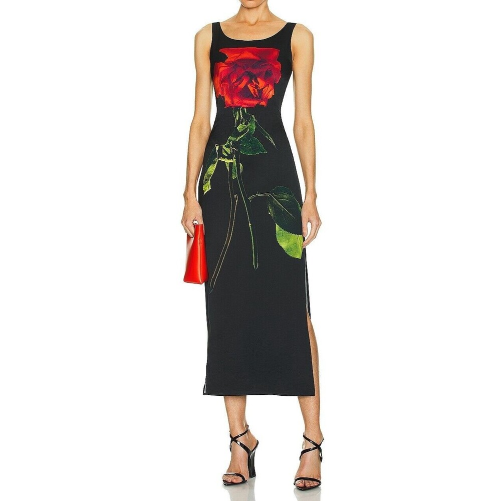 Alexander McQueen Womens Shadow Rose Silk Midi Cocktail Dress Black IT 36 / US 0